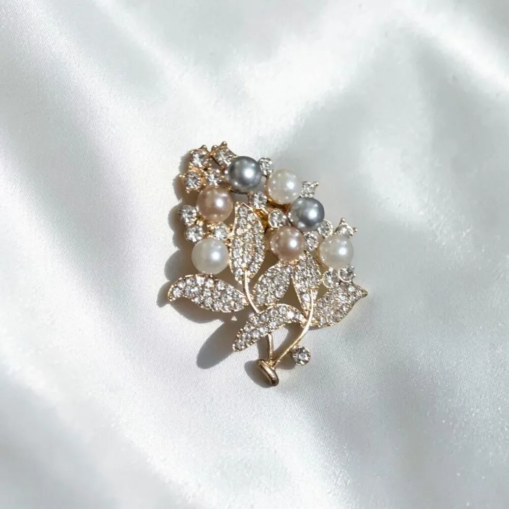 Pearl Rhinestone Floral Brooch, Gold Tone Flower Bouquet Pin, Cottagecore Brooch